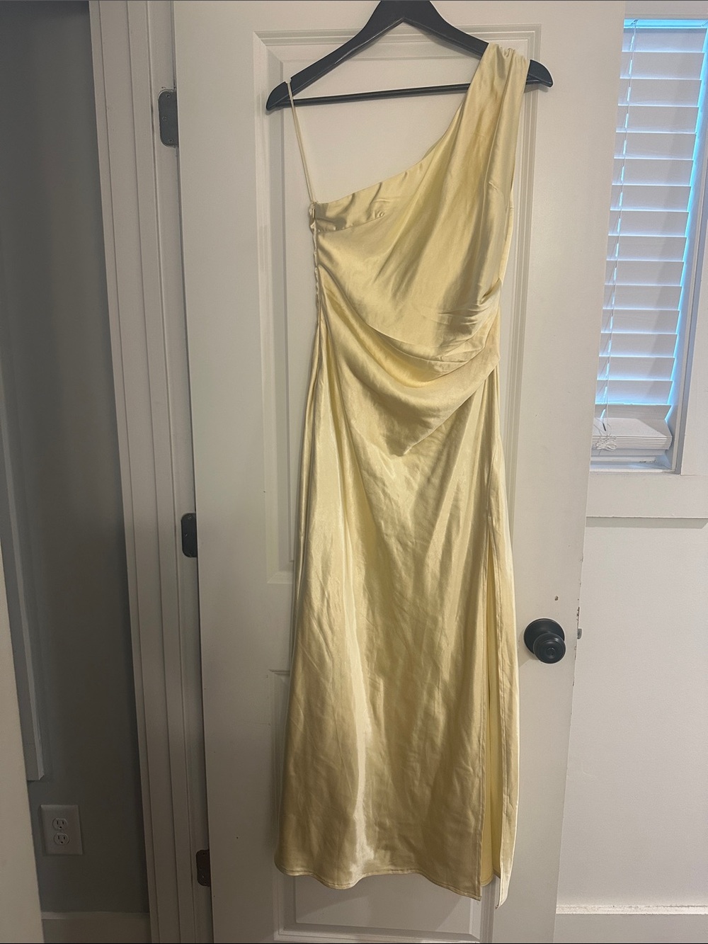 One-Shoulder Satin Slip Dress in Pale Yellow